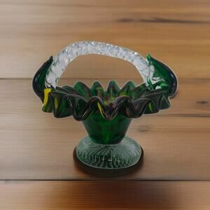 Vintage Hand Blown Green Art Glass Basket With Crimped Ruffle and Clear Handle